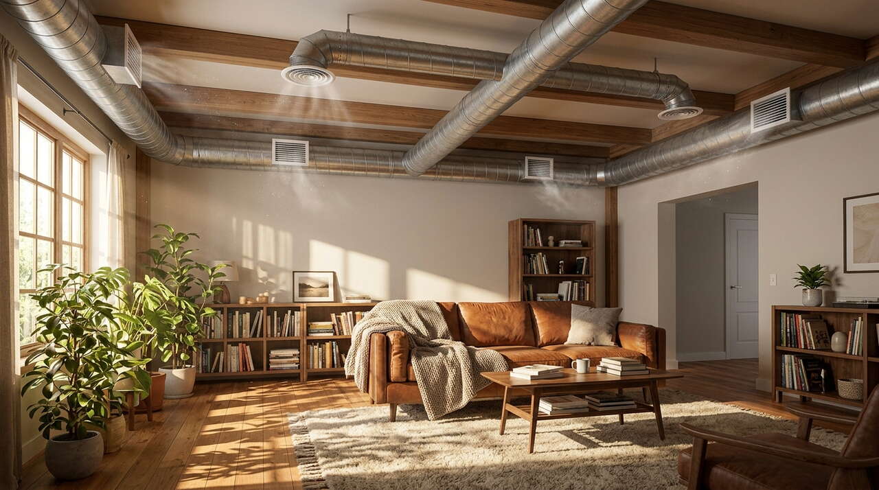 Intérieur d'un salon moderne avec un système de ventilation à double flux, conduits visibles sur les murs et lumière naturelle filtrée par les fenêtres.